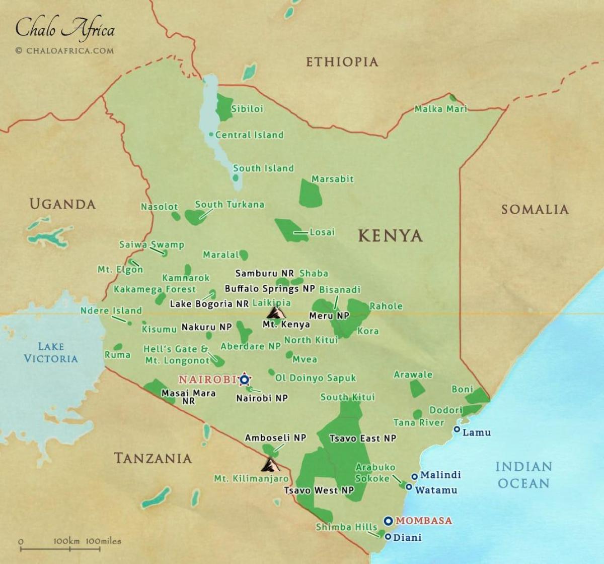 mapa Kenya national parkeak eta erreserbak